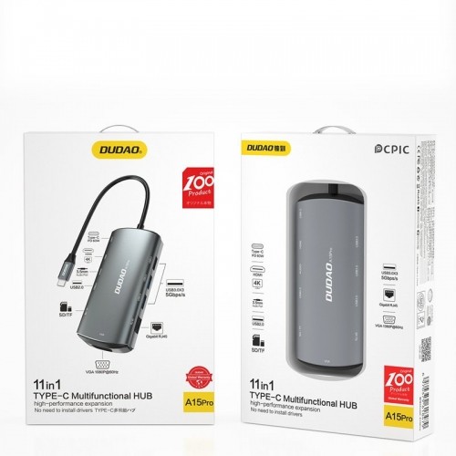 Dudao 11w1 multifunctional HUB USB Typ C - USB Type C PD 60 W | HDMI | 3,5 mm mini jack | 1x USB 2.0 | SD - micro SD  card reader | VGA | RJ45 | 3x USB 3.2 Gen 1 grey (A15Pro grey) image 5