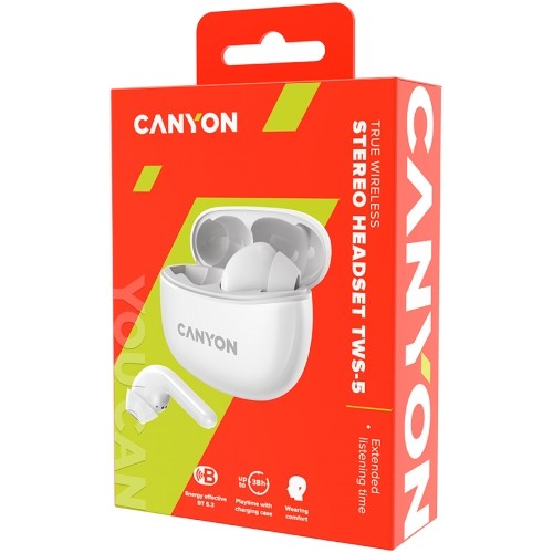 CANYON TWS-5, Bluetooth headset, with microphone, BT V5.3 JL 6983D4, Frequence Response:20Hz-20kHz, battery EarBud 40mAh*2+Charging Case 500mAh, type-C cable length 0.24m, size: 58.5*52.91*25.5mm, 0.036kg, White image 5