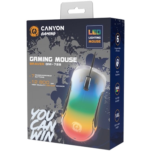 CANYON Braver GM-728, Optical Crystal gaming mouse, Instant 825, ABS material, huanuo 10 million cycle switch, 1.65M TPE cable with magnet ring, weight: 114g, Size: 122.6*66.2*38.2mm, Black image 5