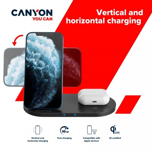 CANYON WS-202, 2in1 Wireless charger, Input 5V/3A, 9V/2.67A, Output 10W/7.5W/5W, Type c cable length 1.2m, PC+ABS,with PU part ,180*86*111.1mm, 0.185Kg,Black image 5
