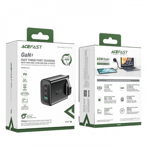 Acefast charger GaN 65W 3 ports (1xUSB, 2xUSB C PD) UK plug black (A44) image 5