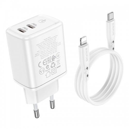 OEM Borofone Wall charger BN9 Reacher - 2xType C - QC 3.0 PD 35W with Type C to Lightning cable white image 5