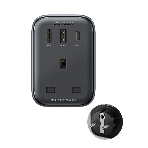 Wall charger 30W (2xUSB|USB C|AC) | UK - EU adapter 13A Ugreen CD314 - black image 5