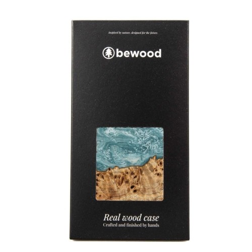 Wood and resin case for iPhone 15 Plus Bewood Unique Uranus - blue and white image 5