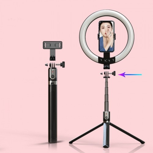 OEM Selfie Stick - with detachable bluetooth remote control, tripod and ring lamp RGB - P100-RGB Black image 5