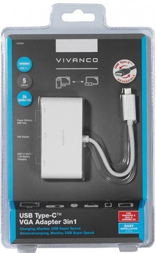 Vivanco adapteris USB-C - VGA 3in1, balts (34294) image 1