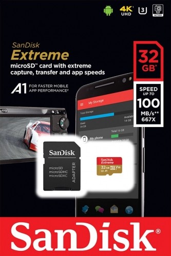 SanDisk atmiņas karte microSDHC 32GB Extreme V30 A1 + adapteris image 1
