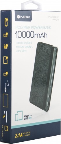 Platinet портативный аккумулятор 10000mAh Fabric Braided LiPo 2.1A, тёмно серый (44385) image 1