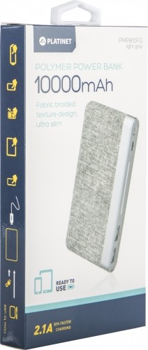 Platinet портативный аккумулятор 10000mAh Fabric Braided LiPo 2.1A, светло серый (44243) image 1