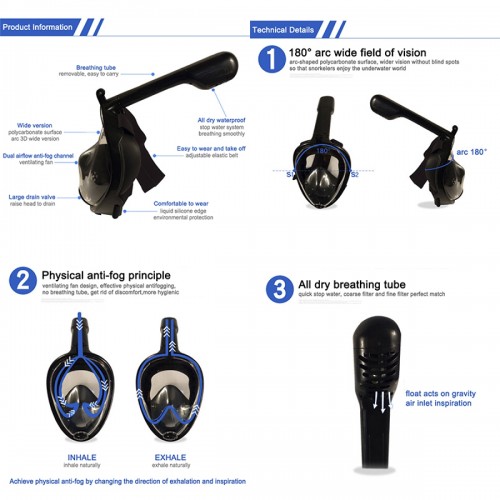 Snorkelēšanas sejas maska (niršanas maska) S/M zila image 5