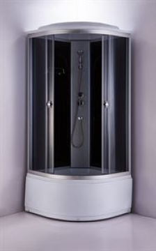 Slēgtā dušas kabīne GOTLAND 90x90x215cm, dziļais paliktnis (45cm), priekšējie stikli peleki, aizmugure melna