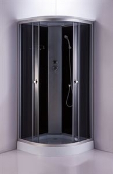 Slēgtā dušas kabīne GOTLAND 80x80x215cm, seklais paliktnis (15cm), hromēts profils, priekšējie stikli peleki, aizmugure melna