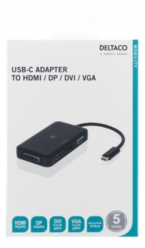 DELTACO USB-C į HDMI / DP / DVI / VGA adapterį, 4K, DP Alt režimas, juodas