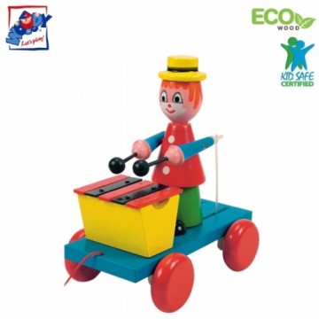 Woody 90198 Eko koka izglītojošā rotaļlieta ar skaņām vilkt aiz striķīti "Klauns ar ksilofonu" bērniem no 2 gadiem + (19x21cm)