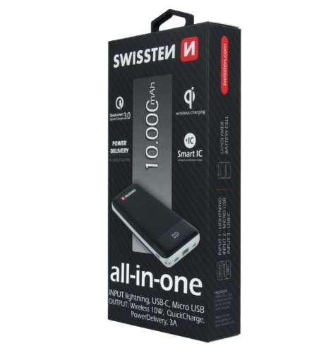 Swissten All In One Universāla Ārējas Uzlādes Baterija 3A / PD / QC 3.0 / Wireless 10W / USB / USB-C / 10000 mAh Melna image 2
