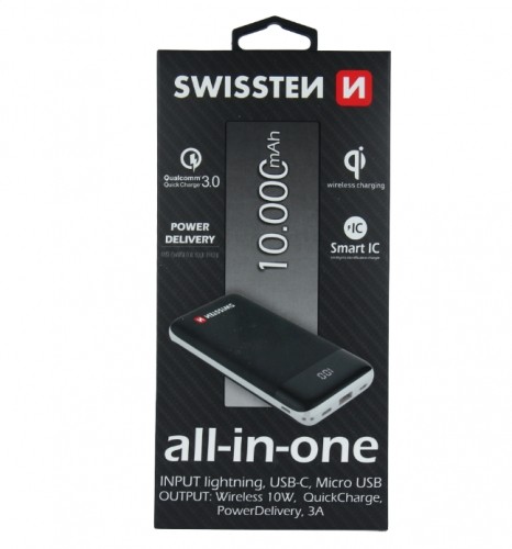 Swissten All In One Universāla Ārējas Uzlādes Baterija 3A / PD / QC 3.0 / Wireless 10W / USB / USB-C / 10000 mAh Melna image 3