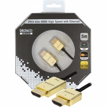 DELTACO PRIME Ultra-plonas HDMI kabelis, Type A, 4K, Ultra HD, 5m juodas / auksinis  / HDMI-1045-K