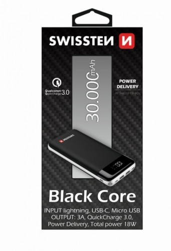 Swissten Black Core Premium Recovery Power Banka Uzlādes batereja 2.1A / USB / USB-C / 30000 mAh Melna image 1
