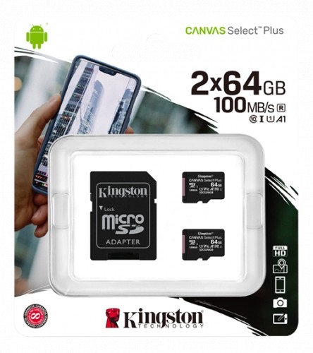 Kingston Canvas Select Plus MicroSDHC, 64GB, Class 10 UHS-I, incl. adapter, 2-pack, black / KING-2987 image 2