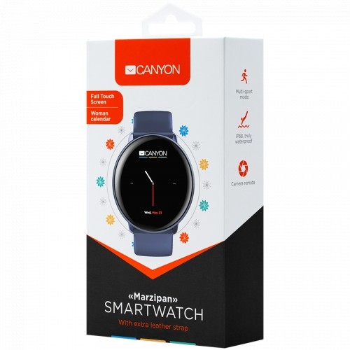 Canyon Smart watch, 1.22inches IPS full touch screen, aluminium+plastic body,IP68 waterproof, multi-sport mode with swimming mode, compatibility with iOS and android,Blue with extra blue leather belt, Host: 41.5x11.6mm, Strap: 240x20mm, 20.8g image 3