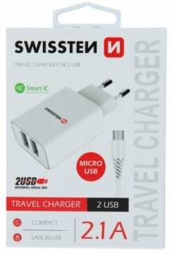 Swissten Smart IC Tīkla Lādētājs 2x USB 2.1A ar Micro USB vadu 1.20 m Balts