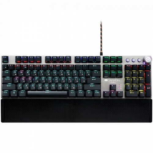 Canyon Wired Gaming Keyboard,Black 104 mechanical switches,60 million times key life, 22 types of lights,Removable magnetic wrist rest,4 Multifunctional control knobs,Trigger actuation 1.5mm,1.6m Braided cable,RU layout,dark grey, size:435*125*37.47mm, 84 image 1