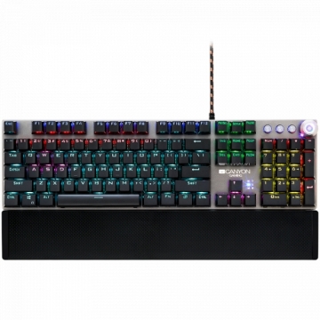 Canyon Wired Gaming Keyboard,Black 104 mechanical switches,60 million times key life, 22 types of lights,Removable magnetic wrist rest,4 Multifunctional control knob,Trigger actuation 1.5mm,1.6m Braided cable,US layout,dark grey, size:435*125*37.47mm, 840