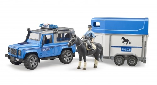 BRUDER auto Land Rover Defender Policijas transportlīdzeklis ar zirga piekabi, zirgs ar policistu, 02588 image 1