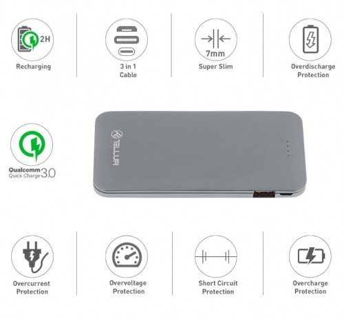 Tellur Power Bank QC 3.0 Fast Charge, 5000mAh, 3in1 gray image 4