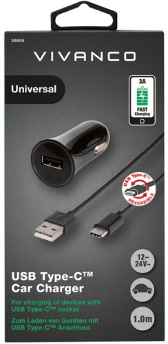 Vivanco auto lādētājs USB-C 3A 1m, melns (38669) image 1