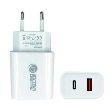 Extradigital Зарядное устройство, USB+ Type C: 220V, 3A,QC3.0