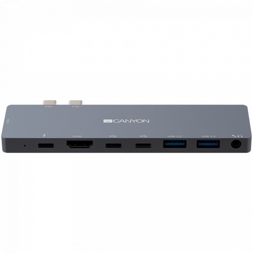 CANYON DS-8 Multiport Docking Station with 8 port, 1*Type C PD100W+2*Type C data+2*HDMI+2*USB3.0+1*Audio. Input 100-240V, Output USB-C PD100W&USB-A 5V/1A, Aluminium alloy, Space gray, 135*48*10mm, 0.056kg image 1