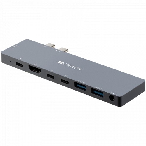 CANYON DS-8 Multiport Docking Station with 8 port, 1*Type C PD100W+2*Type C data+2*HDMI+2*USB3.0+1*Audio. Input 100-240V, Output USB-C PD100W&USB-A 5V/1A, Aluminium alloy, Space gray, 135*48*10mm, 0.056kg image 2