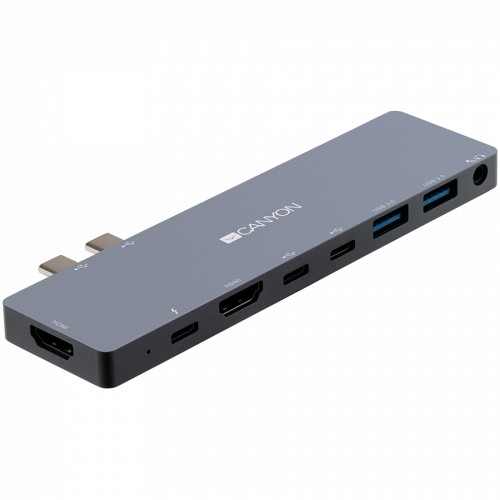 CANYON DS-8 Multiport Docking Station with 8 port, 1*Type C PD100W+2*Type C data+2*HDMI+2*USB3.0+1*Audio. Input 100-240V, Output USB-C PD100W&USB-A 5V/1A, Aluminium alloy, Space gray, 135*48*10mm, 0.056kg image 3