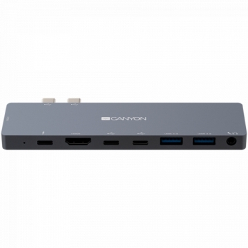 CANYON DS-8 Multiport Docking Station with 8 port, 1*Type C PD100W+2*Type C data+2*HDMI+2*USB3.0+1*Audio. Input 100-240V, Output USB-C PD100W&USB-A 5V/1A, Aluminium alloy, Space gray, 135*48*10mm, 0.056kg