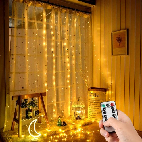 300 LEDs USB fairy lights curtain (3x3m) and 8 modes with remote control timer (Warm White) image 1