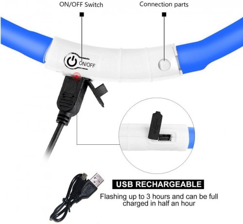 LED drošības kaklasiksna suņiem un kaķiem USB uzlādējama (regulējama garuma) / Blue image 4