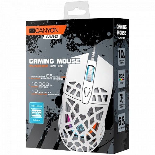 Canyon Puncher GM-20 High-end Gaming Mouse with 7 programmable buttons, Pixart 3360 optical sensor, 6 levels of DPI and up to 12000, 10 million times key life, 1.65m Ultraweave cable, Low friction with PTFE feet and colorful RGB lights, white, size:126x67 image 4