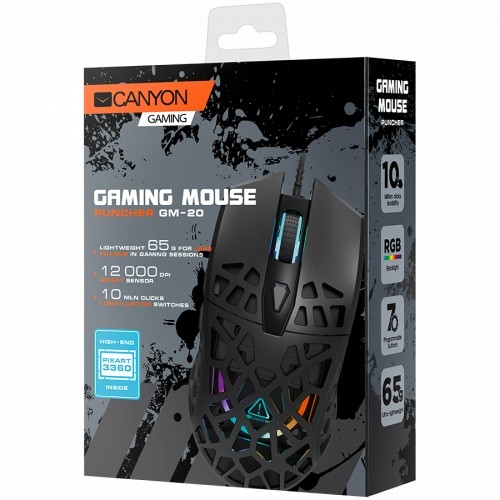 Canyon Puncher GM-20 High-end Gaming Mouse with 7 programmable buttons, Pixart 3360 optical sensor, 6 levels of DPI and up to 12000, 10 million times key life, 1.65m Ultraweave cable, Low friction with PTFE feet and colorful RGB lights, Black, size:126x67 image 4