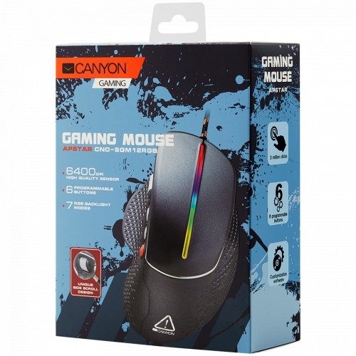CANYON Apstar GM-12 Wired High-end Gaming Mouse with 6 programmable buttons, sunplus optical sensor, 6 levels of DPI and up to 6400, 2 million times key life, 1.65m Braided USB cable,Matt UV coating surface and RGB lights with 7 LED flowing mode, size:123 image 5