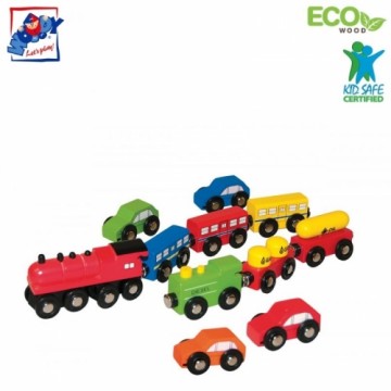 Woody 90574 Eko koka attīstošs komplekts Mašīnas un vilcieni ar magnētiskiem elementiem (11gab.) bērniem no 3 gadiem + (30cm / 23cm / 6cm)