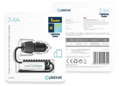 Platinet car power adapter 3.4A USB-A + Lightning (45484) image 2