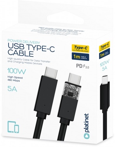 Platinet cable USB-C - USB-C 5A 100W 1m, black (PUCC5A1B) image 1