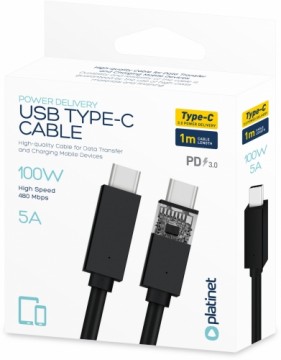 Platinet кабель USB-C - USB-C 5A 100W 1 м, черный (PUCC5A1B)