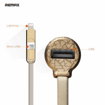 Remax RC-C103 3in1 Auto 12V/24V Lādētājs ar Lightning / Micro USB Silikona Vadu / USB Ligzdu Zeltains
