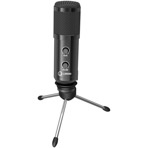 LORGAR Gaming Microphones, Whole balck color, USB condenser microphone with Volumn Knob & Echo Kob, including 1x Microphone, 1 x 2.5M USB Cable, 1 x Tripod Stand, 1 x User Manual, body size: Φ47.4*158.2*48.1mm, weight: 243.0g image 1