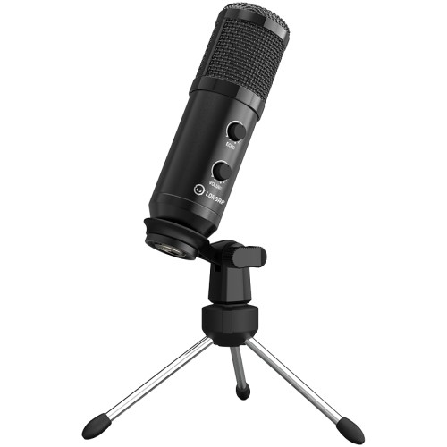 LORGAR Gaming Microphones, Whole balck color, USB condenser microphone with Volumn Knob & Echo Kob, including 1x Microphone, 1 x 2.5M USB Cable, 1 x Tripod Stand, 1 x User Manual, body size: Φ47.4*158.2*48.1mm, weight: 243.0g image 2