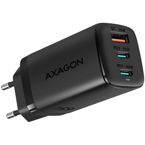 Axagon GaN wallcharger <240V / 3x port (USB + dual USB-C), PD3.0/QC4+/PPS/Apple. 65W total power. image 1