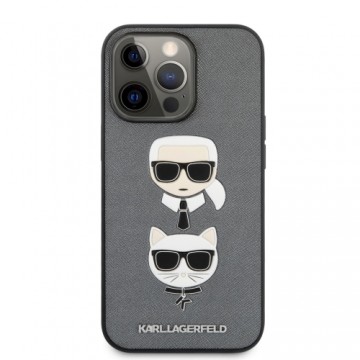 KLHCP13LSAKICKCSL Karl Lagerfeld PU Saffiano Karl and Choupette Heads Case for iPhone 13 Pro Silver