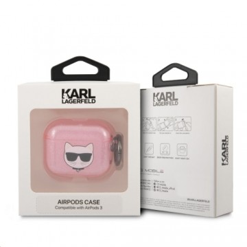 KLA3UCHGP Karl Lagerfeld TPU Glitter Choupette Head silikona aizsargapvalks austiņām Apple Airpods 3 rozā